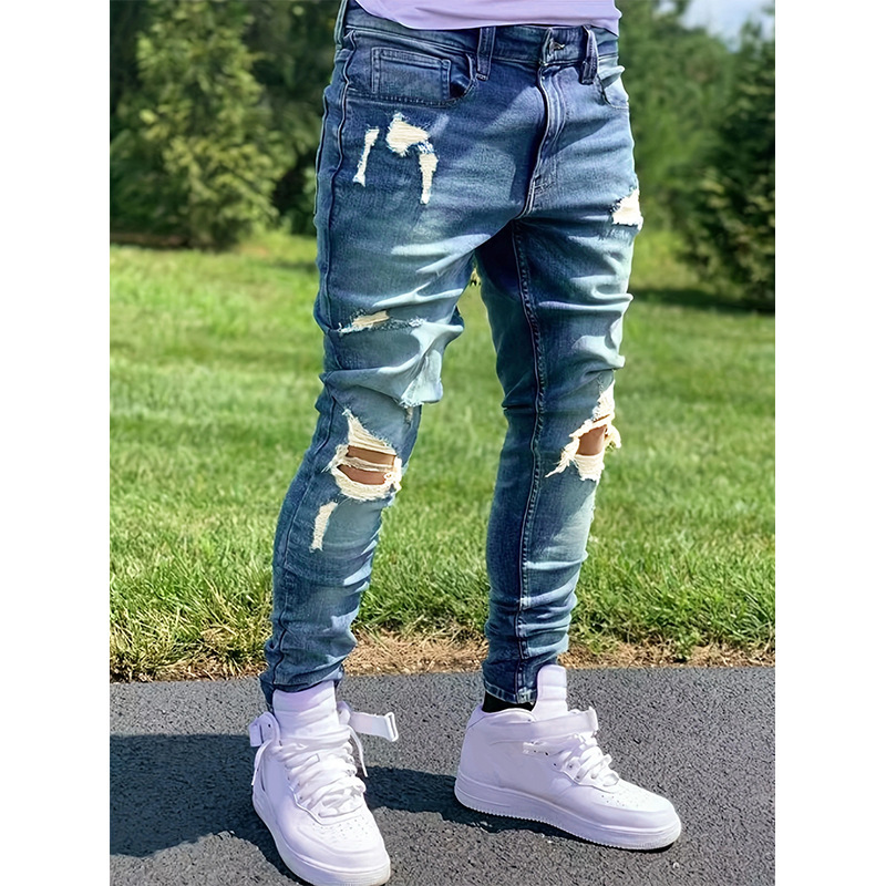 Temu Multi-Color Foreign Trade Hot-Selling Heavy-Duty Ripped Jeans for Men, Blue Distressed Slim-Fit Stretch Skinny Pants Trendy Temu Multi-Color Foreign Trade Hot-Selling Heavy-Duty Ripped Jeans for Men, Blue Distressed Slim-Fit Stretch Skinny Pants Trendy