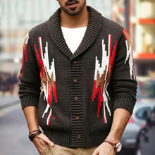 外贸秋冬款男装 欧美复古提花针织衫 翻领长袖开衫毛织外套SY0054