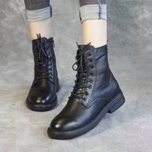 软皮短靴粗跟2025秋冬新款黑色薄款女靴绑带韩版风时尚软底马丁靴