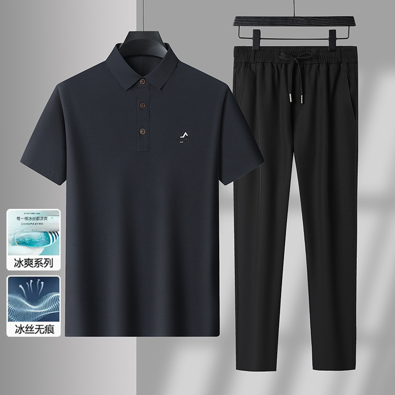 Romon 아빠 정장 여름 얇은 반팔 탄성 중년 남성 얼음 실크 옷 캐주얼 스포츠 남성용 투피스 세트