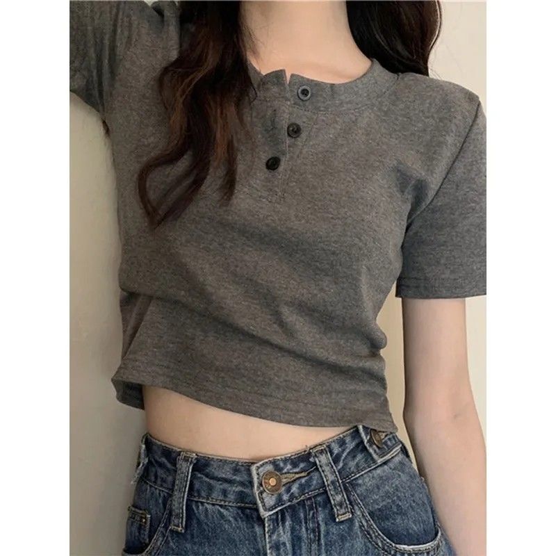 Korean-Style Gray Straight-Shoulder T-Shirt for Women, Summer New Slim-Fit Half-Open Collar Buttoned Ins-Style Solid Color Short-Sleeve Top Korean-Style Gray Straight-Shoulder T-Shirt for Women, Summer New Slim-Fit Half-Open Collar Buttoned Ins-Style Solid Color Short-Sleeve Top