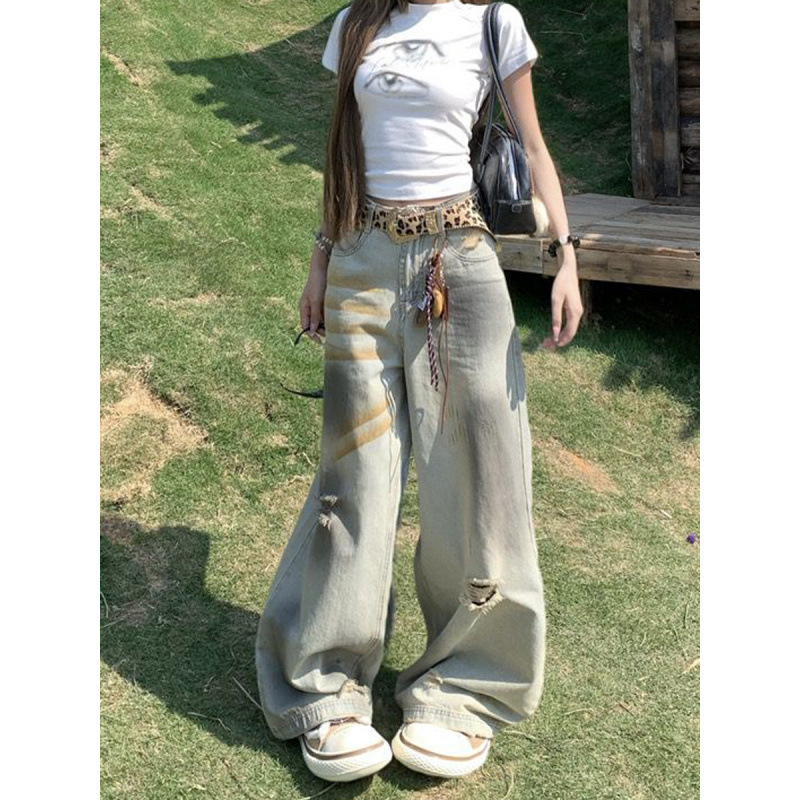 Small American Style Spice Girl Vintage Old Ripped Wide Leg Jeans Women's High Waist Loose Slimming Straight Trendy Pants