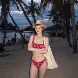 欧美泳衣比基尼新款条纹跨境亚马逊性感露背分体泳衣高腰bikini