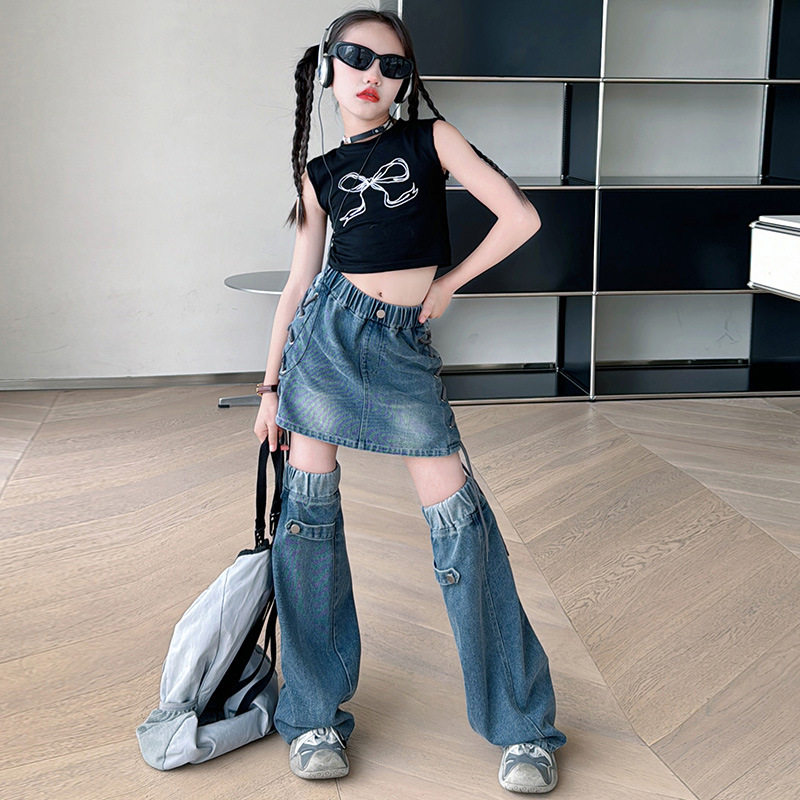 女童2025美式显瘦高腰夏季宽松设计感两节牛仔裤中大童韩版走秀潮