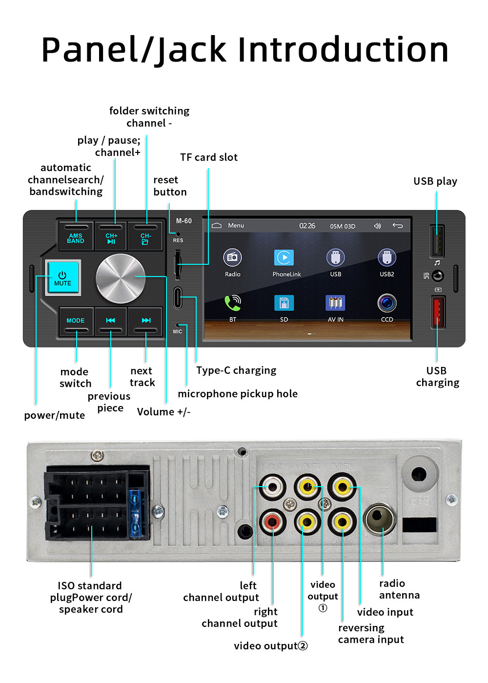 4.1inch Single-DIN Wired CarPlay Car MP5 Player Bluetooth Reversing Car Center Console Radio 12V
