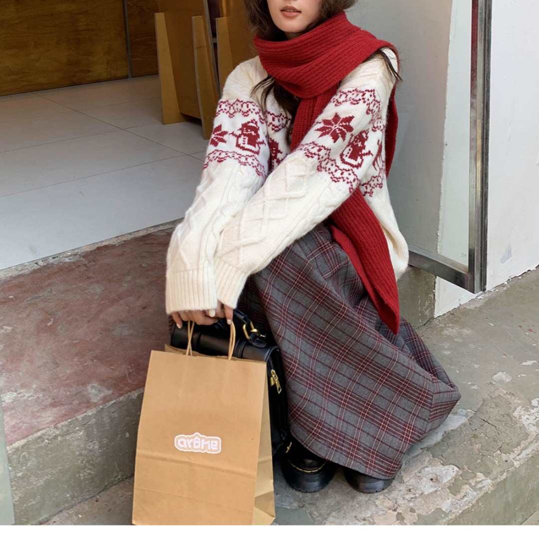 跨境时尚甜美风氛围感提花圆领毛衣女秋冬新款宽松保暖针织衫上衣