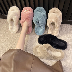 Mao Mao Slippers Women's Outer Wear 2024 New Korean Style Ins Fashionable Shoes Autumn and Winter Cross Thick-soled Cotton Slippers Autumn and Winter
