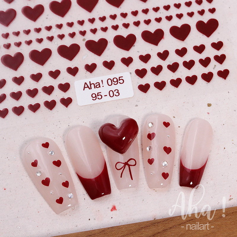 Nail Art Mirror Heart Nail Stickers 2026 New Year Red Heart-Shaped Thin Flexible Adhesive Nail Decoration Decals
