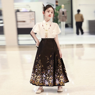 Horse-faced Skirt for Girls Summer 2024 New Children's Antique Ming Style Hanfu Black Chinese Style Suit for Girls