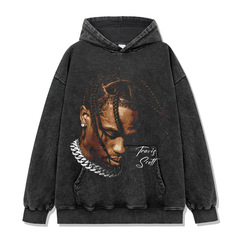 Cross-border American hip-hop travis scott printed wash short-sleeved T-shirt round neck long sleeve loose hooded sweatshirt