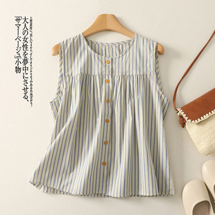 2025 Real Shot New Cotton Sleeveless Cardigan Vertical Stripesd Round Neck Vest Shirt for Women