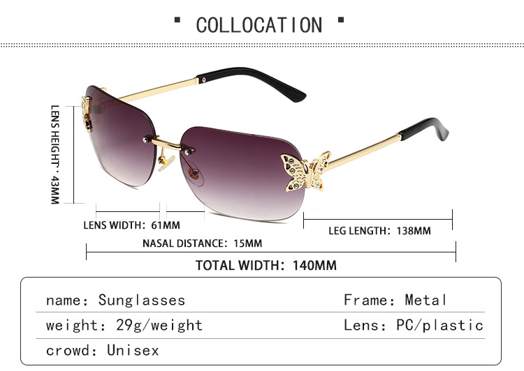50g Weight Frameless Glasses Structure Sunglasses Classification PC, UV400 Protection Lens Material Square Glasses Style Travel Occasion Butterfly Pattern Women's Gender Simple Style, Classic Style Style Grey, Gold Color Simple Style Classic Style Butterfly PC UV400 Protection Square Frameless Women's Sunglasses 4