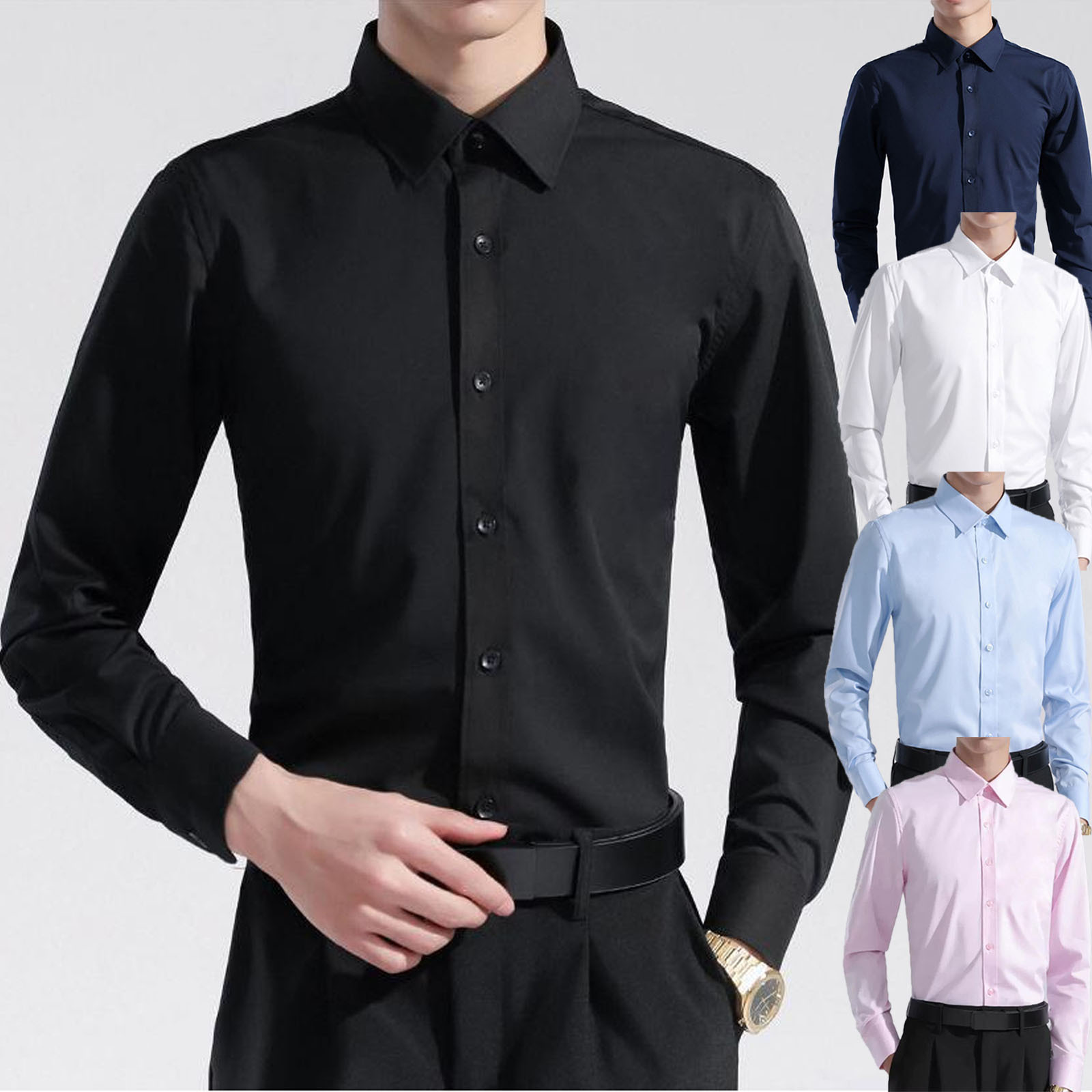 White Long-Sleeve Slim-Fit Men's Shirt for Spring and Autumn, Korean Style Trendy Business Short-Sleeve Shirt, Versatile Solid Color, Stylish