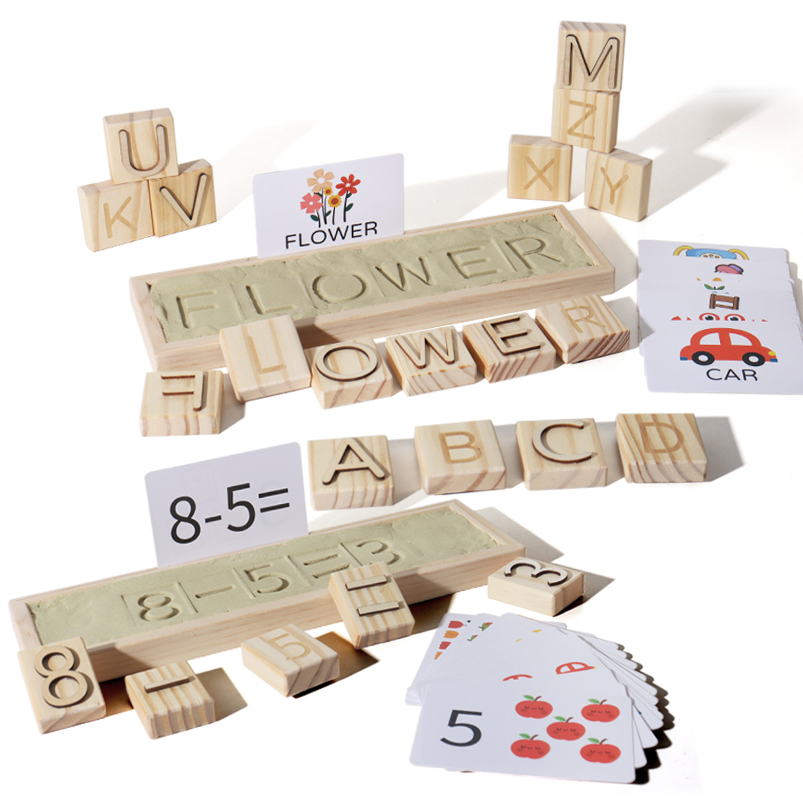 Inglés juegos de palabras de ortografía infantil puzzle caja de palabras digitales cognición de ortografía impresión de arena juguetes de madera