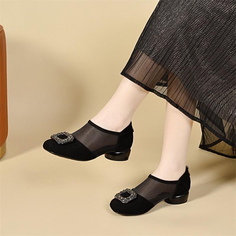 Zapatos de malla de moda explosiva primavera y verano 2026 nuevos zapatos de zapato con cremallera de talón bajo, zapatos de cabeza redonda para mujeres