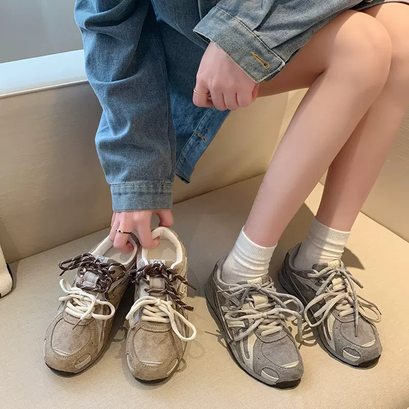 复古德训鞋女2025新款圆头拼色休闲鞋阿甘鞋系带防滑运动鞋