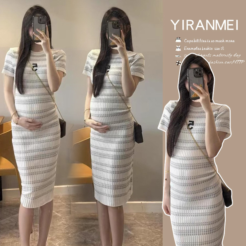 Maternity Wear 2025 Summer New Style Lady Style Round Neck Short-Sleeved Striped Skirt Sexy Slimming Look Hip-Hugging Dress