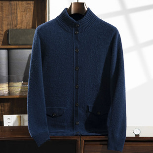 Fall/winter 24 new cashmere seven-pin thickened semi-high collar knitted cardigan warm double pocket solid color jacket men
