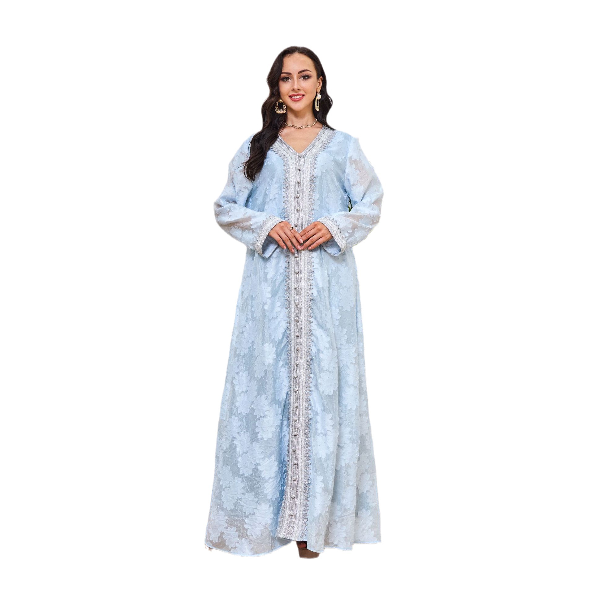 MT046 V-neck Dress, Middle Eastern Cross-border Foreign Trade, Jacquard With Rhinestones, Silver Lace Robe,_ecoleips.com
