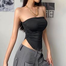 吊带背心女简约纯色短款露肚脐设计时尚气质欧美风褶皱修身上衣