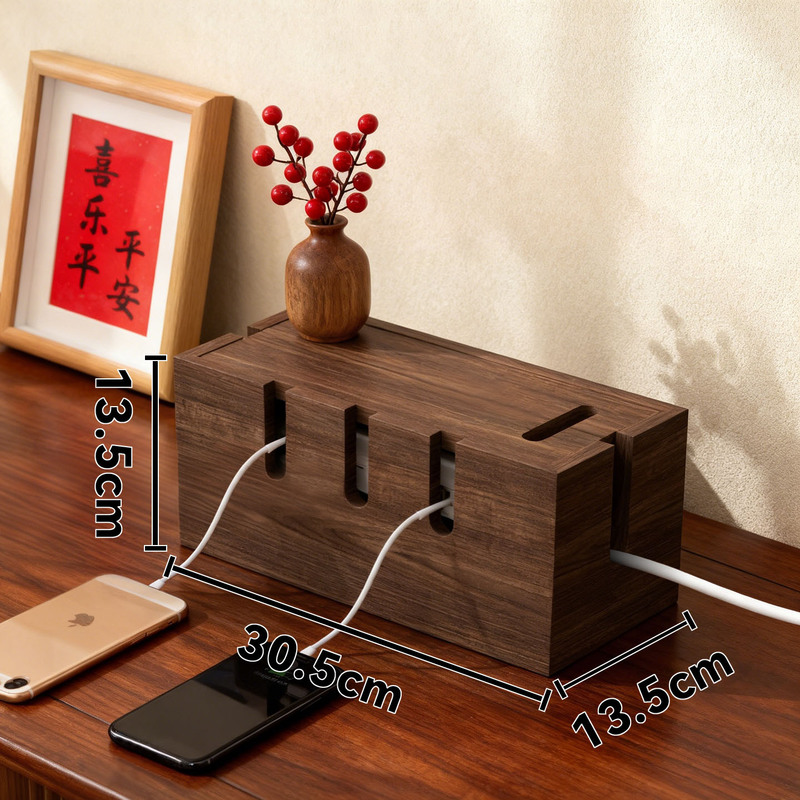 Solid Wood Power Strip Storage Box to Hide Unsightly Power Strips, Sockets, Power Cords, Desktop Router Storage Rack, Cable Management Box