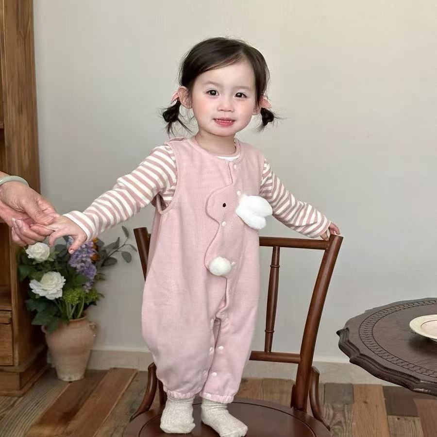 婴儿春季分体套装女宝宝小兔连体背带裤条纹T恤春秋两件套外出服