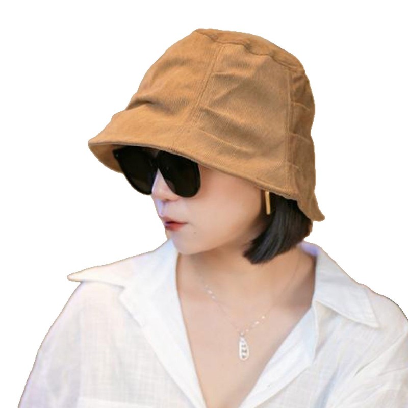 灯芯绒渔夫帽女2025新款复古褶皱遮阳盆帽秋冬季百搭显脸小水桶帽|undefined