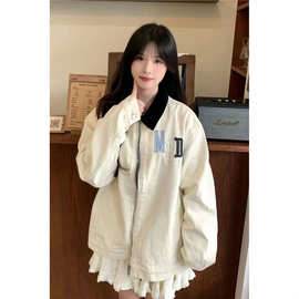 美式复古学院风夹克款外套女学生春秋季休闲撞色翻领棒球百搭上衣