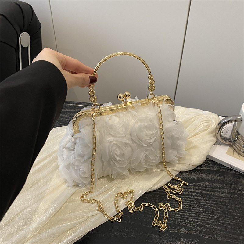 Chiffon 3D Flower Evening Bag, Champagne-Colored for Women's Cheongsam Style, Handmade Gown Bag with Chain Detail, Tote Bag