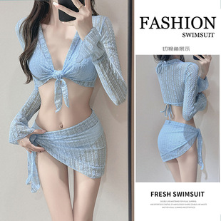 Swimsuit for Women 2025 New Bikini Sexy Pure Desire Small Breast Push-Up Four-Piece Long-Sleeved Blouse Sun Protection Hot Spring