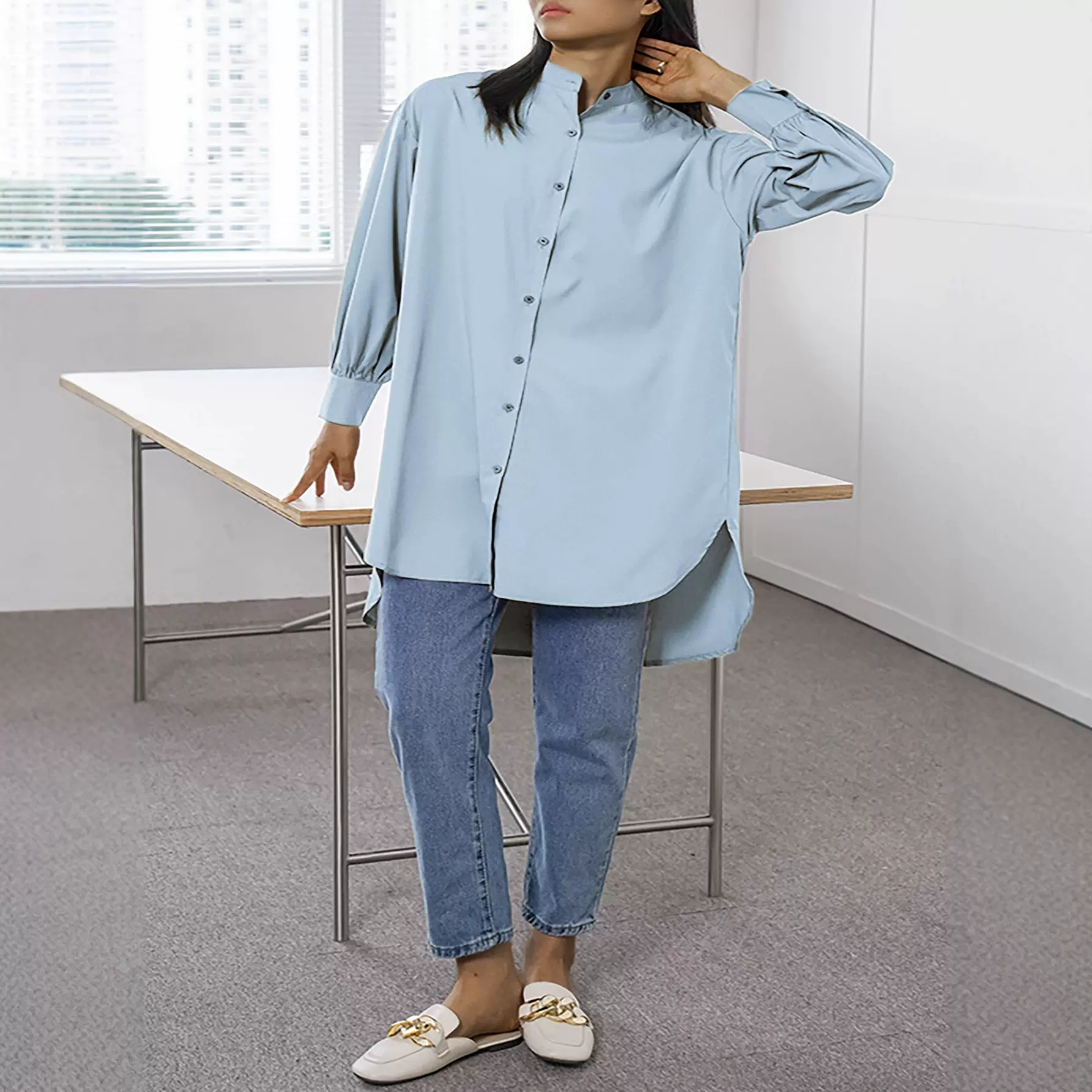 大码女装跨境亚马逊宽松纯色纽扣衬衫夹克式上衣，