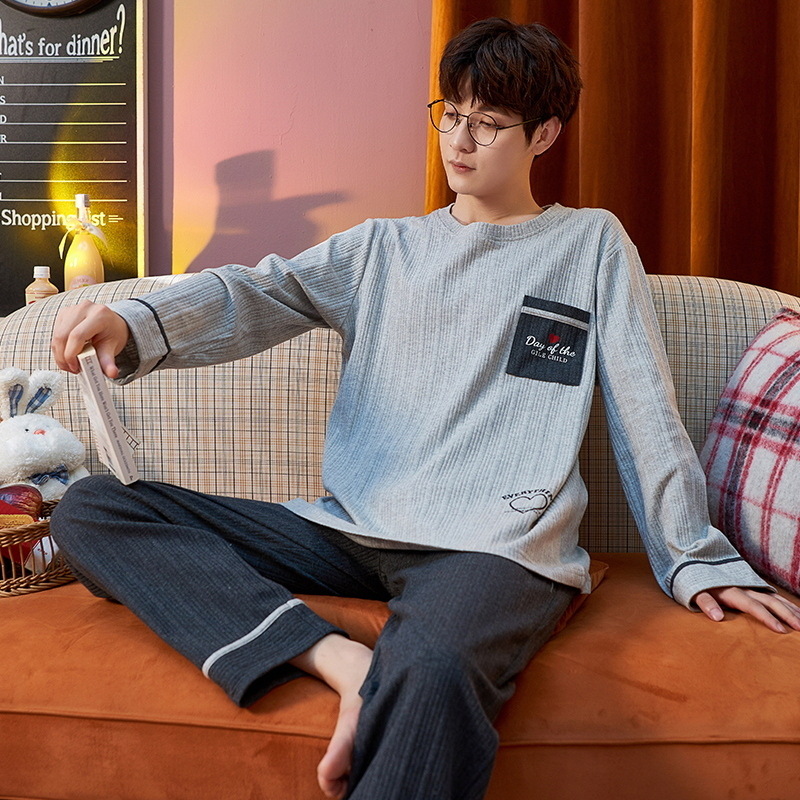 Pijamas al aire libre de los hombres de algodón de manga larga de otoño e invierno de dibujos animados coreanos sueltos casuales más tamaño traje de desgaste para el hogar