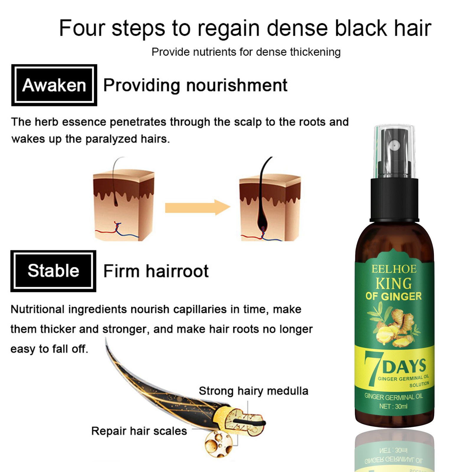Spray Eelhoe para crecimiento de jengibre, masaje resistente, cuero cabelludo denso, reafirmante, prevención de pérdida de cabello, reparación, líquido nutritivo_voghion.com