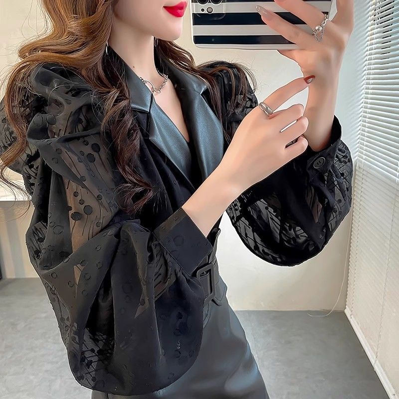 Pu Leather Suit Collar Spliced ​​Chiffon Printed Shirt Women's Outer Wear Autumn and Winter Elegant Top Fashionable Puff Sleeve Shirt