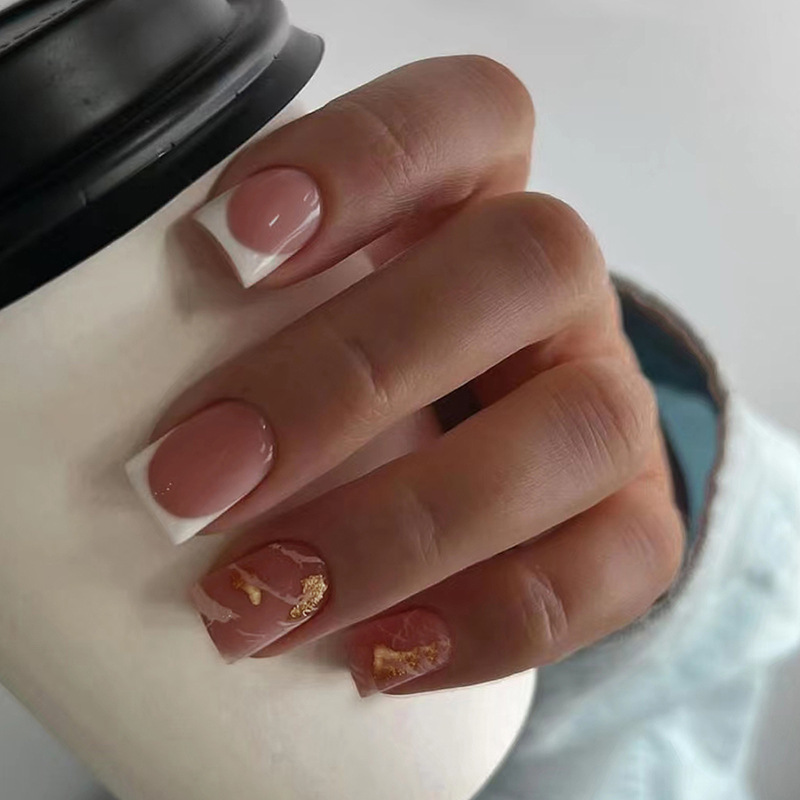 Foreign Trade European and American Fashion Simple White French Marble Gold Foil Nail Pieces Fashion Temperament Environmental Protection Wear Armor