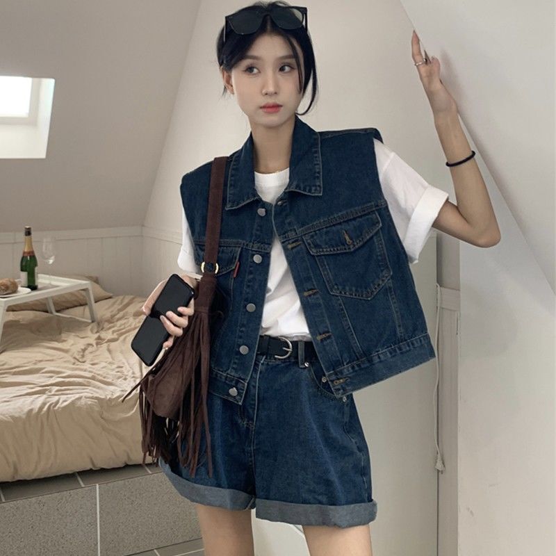 Designer-Style Denim Vest Set for Women, 2026 Summer Thin Short Jacket and Shorts Two-Piece Set