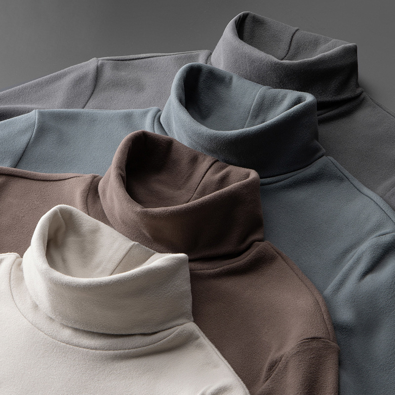 남성용 양털 하이 칼라 양면 양털 긴팔 티셔츠 가을과 겨울 단색 기모 슬림핏 베이스 셔츠 청소년 따뜻한 가을 옷