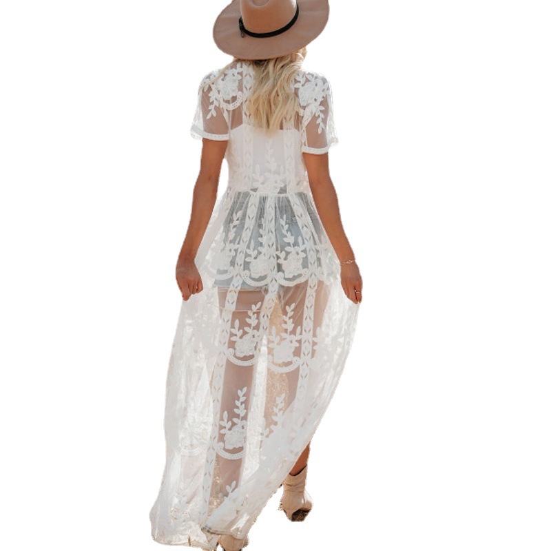 2022 Europa y América primavera y verano Nuevo bordado encaje largo bikini blusa vacaciones playa cardigan transfronterizas mujeres