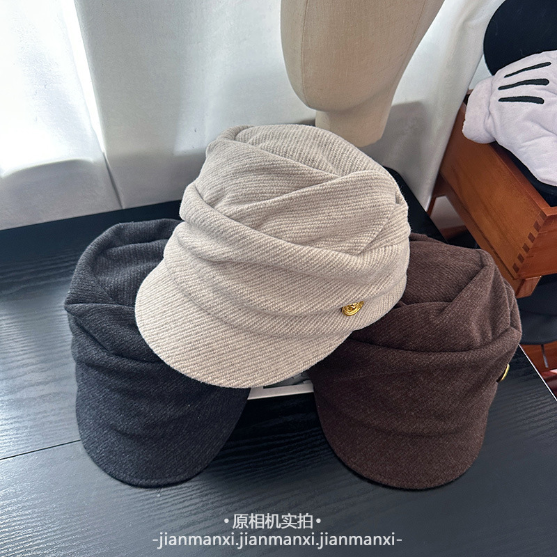 日系秋冬新款复古褶皱报童帽子女文艺休闲百搭显脸小平顶鸭舌帽潮|undefined