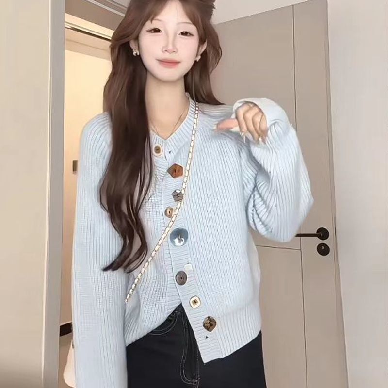 韩系宽松不规则设计彩扣毛衣2025秋冬新款甜美外穿白色针织上衣女|undefined