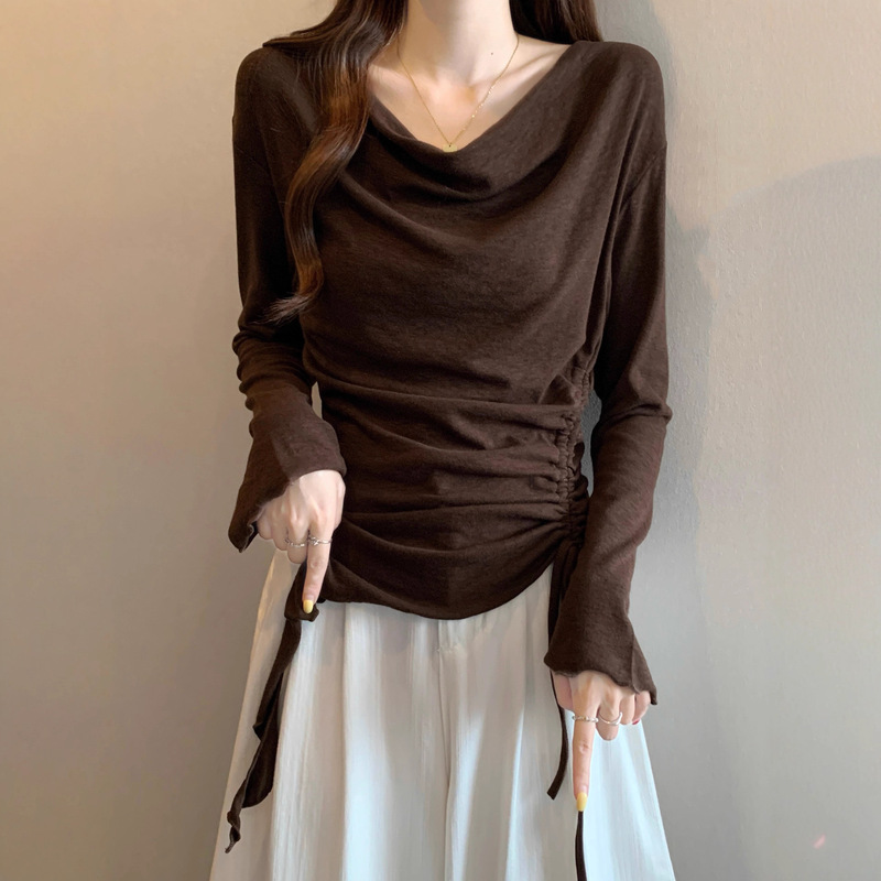 Maillard Coffee Color Swing Collar Long-Sleeved T-Shirt for Women 2025 Early Autumn Large Size Fat mm Bottoming Shirt Asymmetrical Drawstring Top