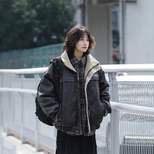 阿于呆冬季美式皮毛一体加绒棉服男宽松翻领羊羔绒机车皮外套女潮
