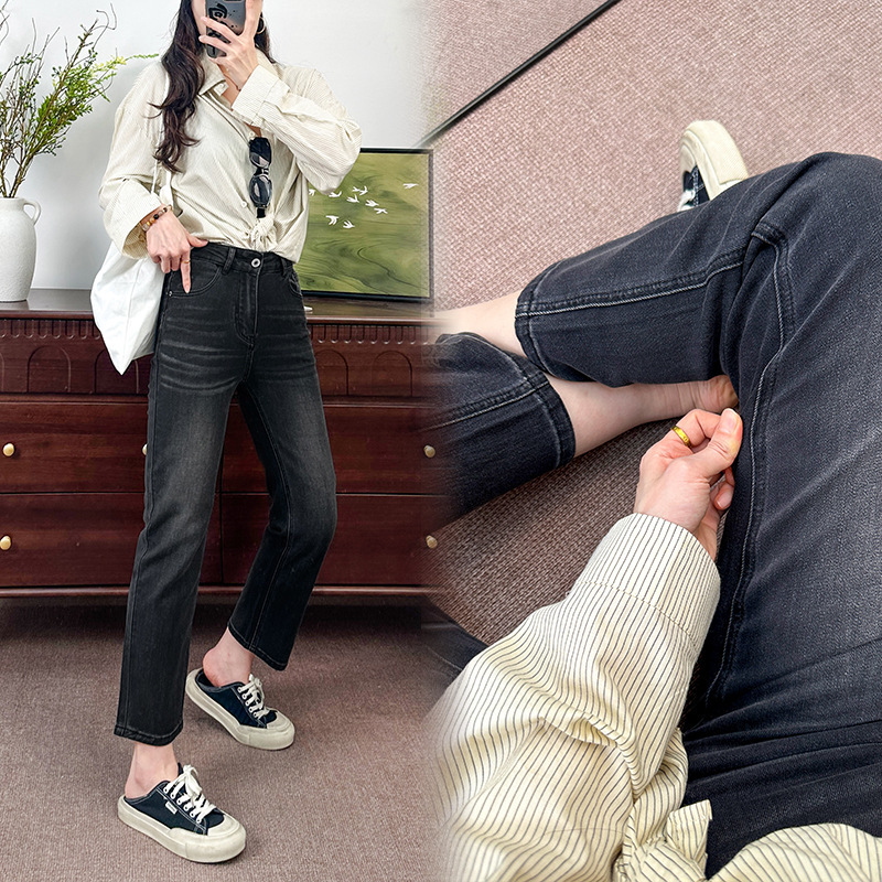 Elastic Straight-Leg Denim Pants for Women, Slim Fit, Versatile, Korean Style, High-Waisted, Vintage Washed, In-Stock Wholesale
