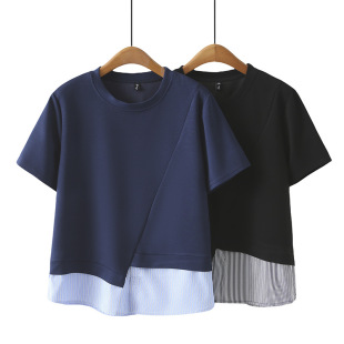 2025 summer fake 2 striped shirt short sleeve plus size women's slim round neck fat girl jacket fashion stitching T-shirt 606