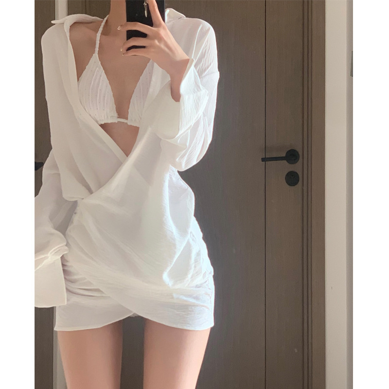 mosricci Sexy Pure Beach Shirt Sunscreen Bikini Split Swimsuit Blouse Long Sleeve Hot Spring Vacation Women mosricci Sexy Pure Beach Shirt Sunscreen Bikini Split Swimsuit Blouse Long Sleeve Hot Spring Vacation Women