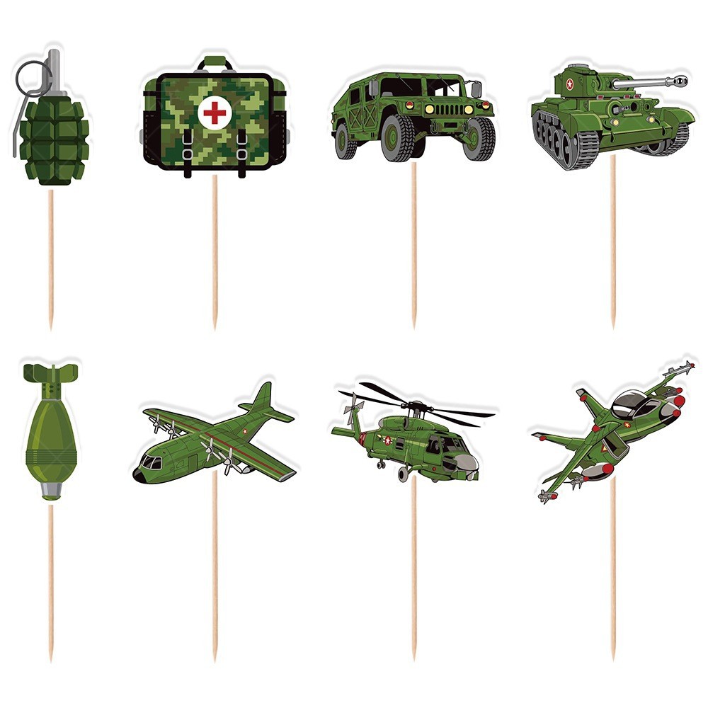 Nuevo tema militar cumpleaños decoración cumpleaños tire bandera camuflaje tire bandera espiral colgante pastel Tarjeta de inserción