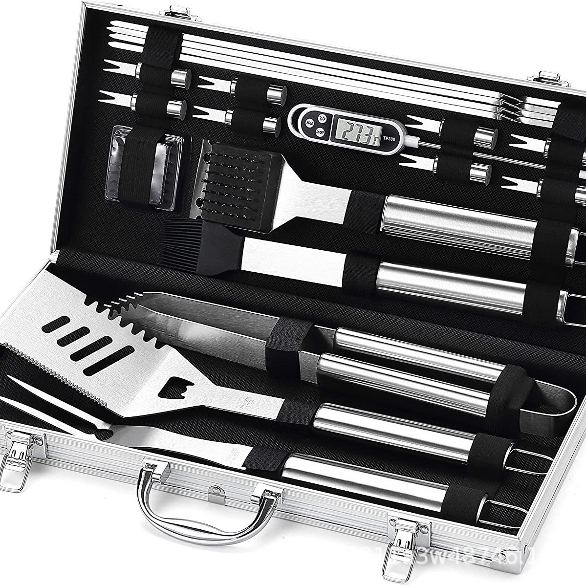 Fabricante Amazon herramientas combinación de caja de aluminio BBQ horquilla de parrilla cuchillo de parrilla mango de tubo de acero inoxidable parrilla