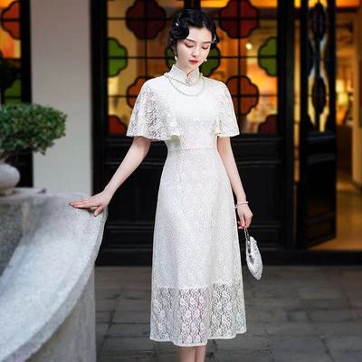 商場蕾絲旗袍女2021夏季新款 上海風改良版旗袍優雅氣質長裙顯瘦