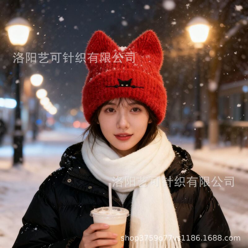 跨境新款猫咪耳朵针织帽刺绣毛线帽可爱秋冬保暖套头帽子外贸冷帽|undefined