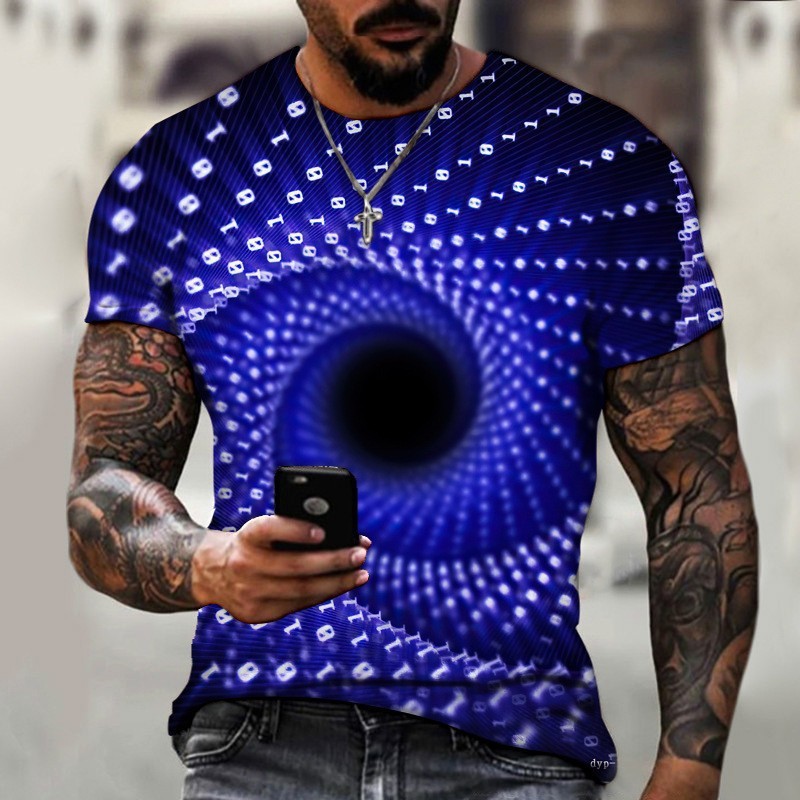 Comercio exterior transfronterizo hombres europeos y americanos holgados y transpirables camiseta de manga corta personalidad colorida visual vórtice impresión 3D